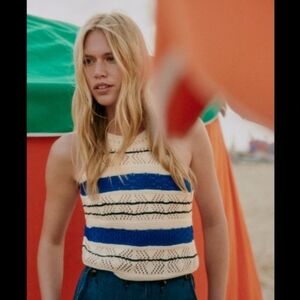 Sezane Malvina Top - Pink Creation Ecru / Blue / Black - Size XS